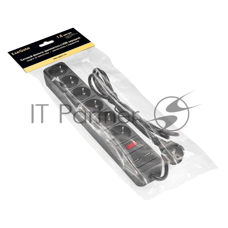 Сетевой фильтр-удлинитель с USB зарядкой ExeGate SP-6-USB-1.8B (6 евророзеток с заземлением, 2 USB-A 2A, 1.8 м, защита от перегрузки, выключатель с подсветкой, черный)
