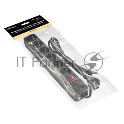 Сетевой фильтр-удлинитель с USB зарядкой ExeGate SP-6-USB-1.8B (6 евророзеток с заземлением, 2 USB-A 2A, 1.8 м, защита от перегрузки, выключатель с подсветкой, черный)