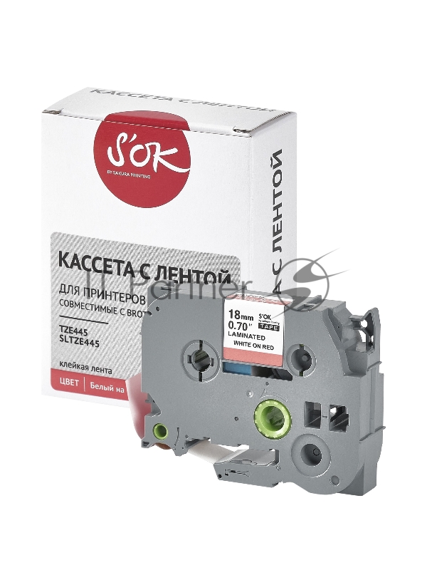 Кассета с лентой S'OK by Sakura Printing TZE445 для Brother, белый на красном, 18мм/8м, наклейка