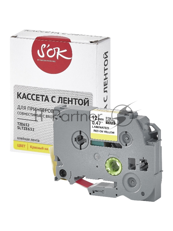 Кассета с лентой S'OK by Sakura Printing TZE632 для Brother, красный на желтом, 12мм/8м, наклейка