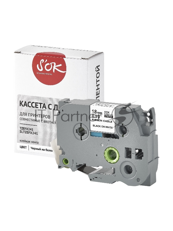Кассета с лентой S'OK by Sakura Printing TZEFX241 для Brother, черный на белом, 18мм/8м, наклейка