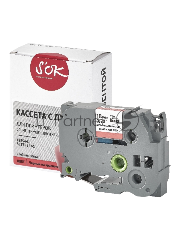 Кассета с лентой S'OK by Sakura Printing TZES441 для Brother, черный на красном, 18мм/8м, наклейка