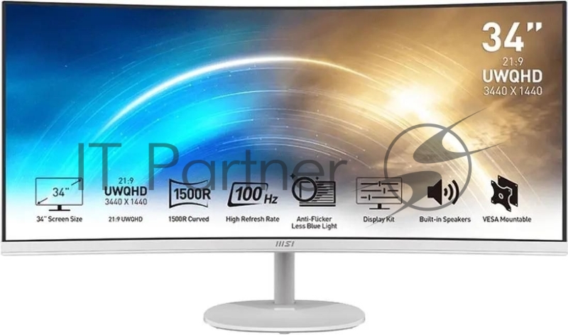Монитор 34" MSI Pro MP341CQW VA 3440x1440, 100 Гц, 1 мс, 21:9, 300 кд/м2, 2xHDMI, 1xDP, изогнутый, белый
