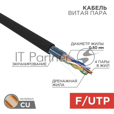Кабель витая пара Rexant F/UTP, cat.5e, PE, 4PR, 24AWG, OUTDOOR, SOLID, черный, 305м