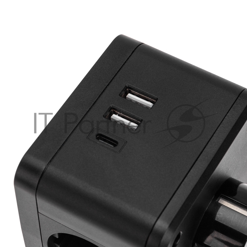 Двойник электрический Rexant Куб 16А с заземлением + 2хUSB-A 2,4А + USB Type-C 3А с ночной подсветкой, черный