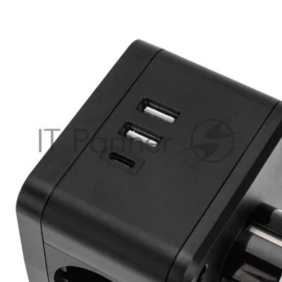 Двойник электрический Rexant Куб 16А с заземлением + 2хUSB-A 2,4А + USB Type-C 3А с ночной подсветкой, черный