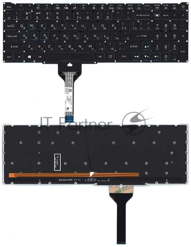 Клавиатура для ноутбука Acer Nitro 5 AN517-41 черная с подсветкой (узкий шлейф, синие буквы)