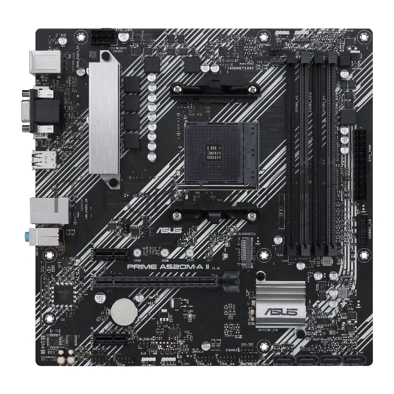 Материнская плата ASUS PRIME A520M-A II/CSM, AM4, AMD A520, 4xDDR4, 4xSATA, 1xM.2, 1xPCIe 3.0 x16, 2xPCIe x1, DisplayPort, HDMI, D-Sub, 1x 1Gb LAN, 6xUSB, 3x3.5 мм, 7.1, microATX
