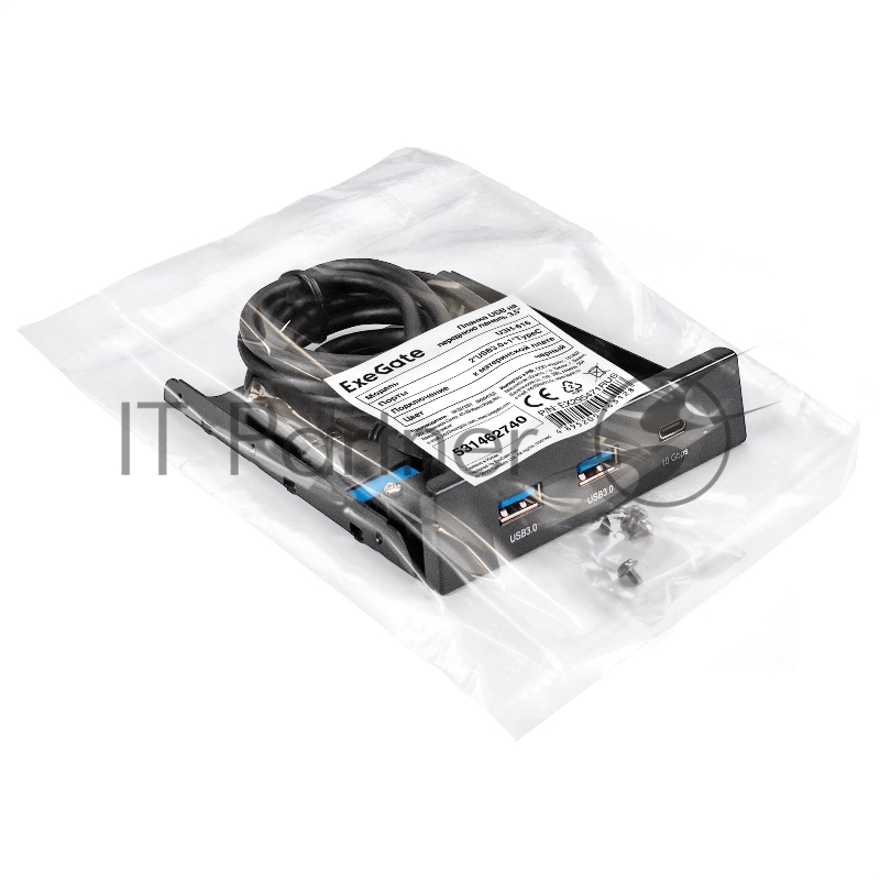 Планка USB на переднюю панель ExeGate U3H-616, 3,5", 2хUSB3.0+1хTypeC, черная, металл, подсоединение к мат. плате