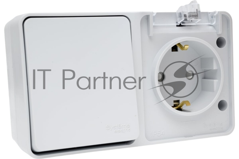Блок открытого монтажа AtlasDesign PROFI IP54: розетка с заземлением со шторками 16А, выключатель 1-клав.10А, серый
