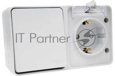 Блок открытого монтажа AtlasDesign PROFI IP54: розетка с заземлением со шторками 16А, выключатель 1-клав.10А, серый