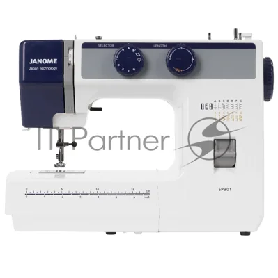 Швейная машина Janome SP901 белый/синий, электромеханическая, вертикальный качающийся, 15 операций, петля полуавтомат