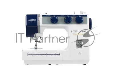 Швейная машина Janome SP903 белый/синий, электромеханическая, вертикальный качающийся, 25 операций, автоматическая петля