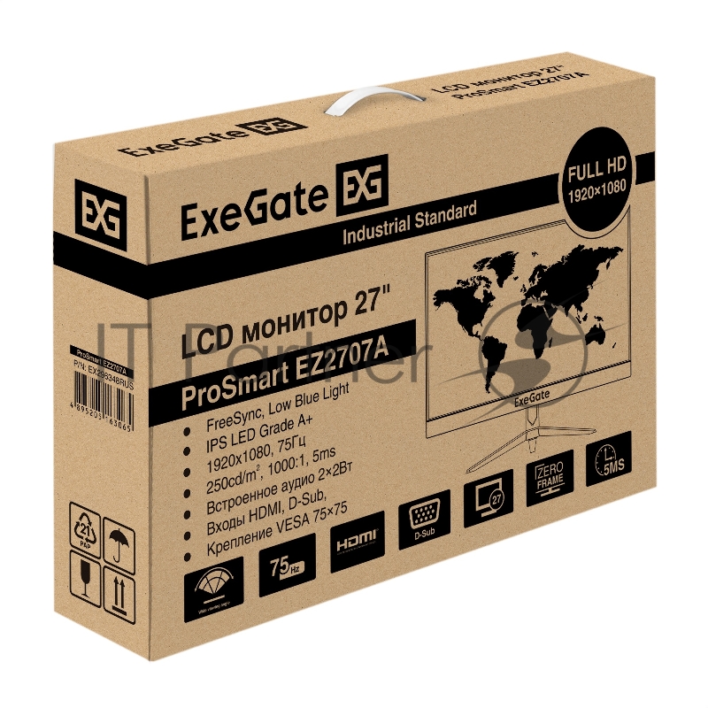 Монитор 27" ExeGate ProSmart EZ2707A IPS 1920x1080, 75 Гц, 5 мс, 16:9, 280 кд/м², HDMI, VGA, Flicker Free, Low Blue Light, трехсторонний безрамочный дизайн, встроенные динамики, черный