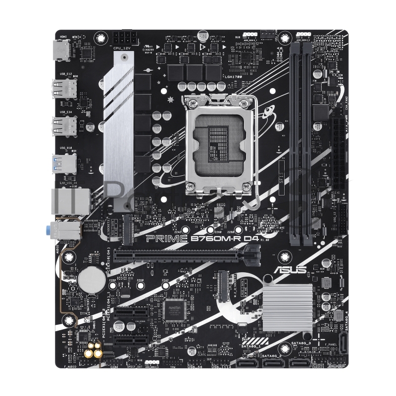 Материнская плата ASUS PRIME B760M-R D4, LGA 1700, Intel B760, 2xDDR4, 4xSATA, 2xM.2, 1xPCIe 4.0 x16, 1xPCIe x1, 1xHDMI, 1x 2.5Gb LAN, 4xUSB-A 2.0, 4xUSB-A 3.2 Gen 1, 3x3.5 мм, 7.1, mATX