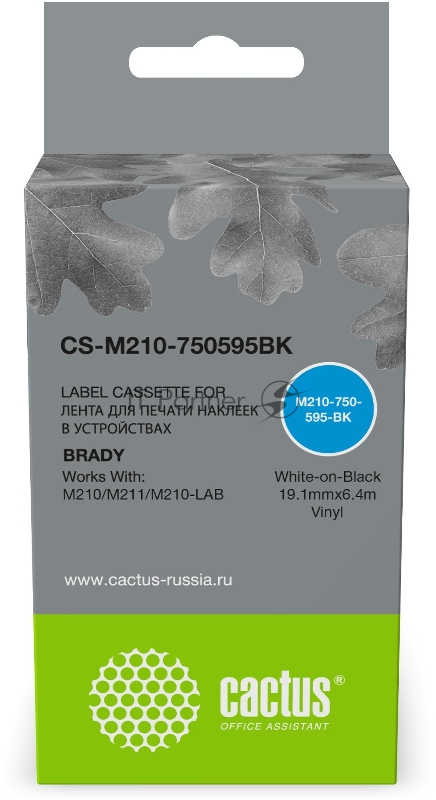 Картридж ленточный Cactus CS-M210-750595BK (M210-750-595-BK) белый шрифт, черный фон (19.1 мм, 6.4 м) для Brady M210/M211/M210-LAB