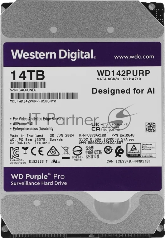 Жесткий диск HDD WD Purple Pro 14Tb 7200rpm SATA 512Mb 3.5"