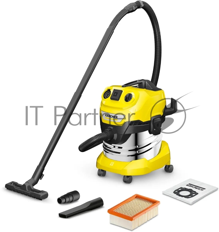 Строительный пылесос Karcher WD 4 P S V-20/5/22 желтый, 1000 Вт, уборка сухая/сбор воды/выдув, пылесборник мешок/контейнер, 20 л