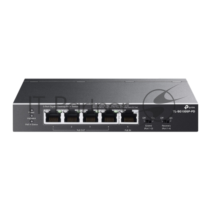 Коммутатор настольный TP-Link TL-SG1005P-PD с 5 гиг. портами (1 порт с входящим PoE++, 4 порта с исходящим PoE+), бюджет PoE: 9, 21, 47 или 66 Вт (зависит от используемого стандарта входящего PoE)