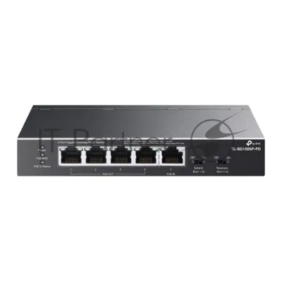 Коммутатор настольный TP-Link TL-SG1005P-PD с 5 гиг. портами (1 порт с входящим PoE++, 4 порта с исходящим PoE+), бюджет PoE: 9, 21, 47 или 66 Вт (зависит от используемого стандарта входящего PoE)