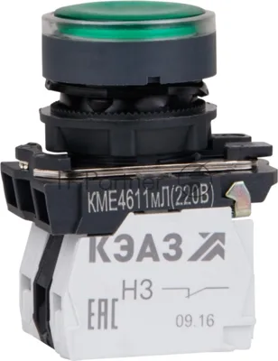 Кнопка КМЕ4611мЛ-220В-зеленый-1но+1нз-цилиндр-индикатор-IP65-КЭАЗ