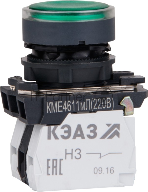 Кнопка КМЕ4611мЛ-24В-зеленый-1но+1нз-цилиндр-индикатор-IP65-КЭАЗ