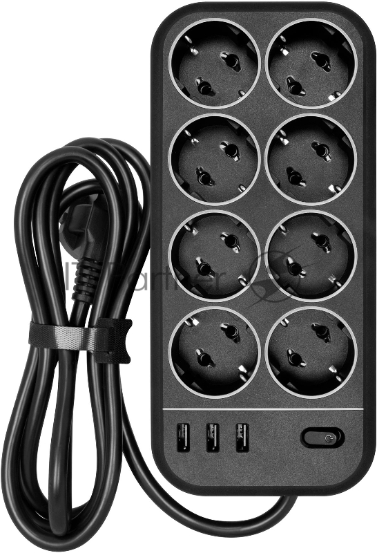 Сетевой фильтр Powercom SP-08 USB03AB 1,8 m 1.8м, 8 розеток, черный, коробка