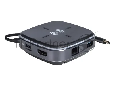 Многофункциональная док-станция Intrend ITACS-9W Type-C с беспроводной зарядкой 3 встроенных высокоскоростных USB 3.0, встроенный высокоскоростной TF и SD карт ридер, разъем RJ-45 для подключения к локальной сети HDMI 4K/30Hz, 60W Power Delivery порт,