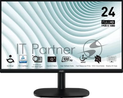Монитор 23.8" MSI Pro MP245V VA 1920x1080, 100 Гц, 4 мс, 16:9, 300 кд/м², HDMI 1.4b, VGA, 3.5 мм, черный