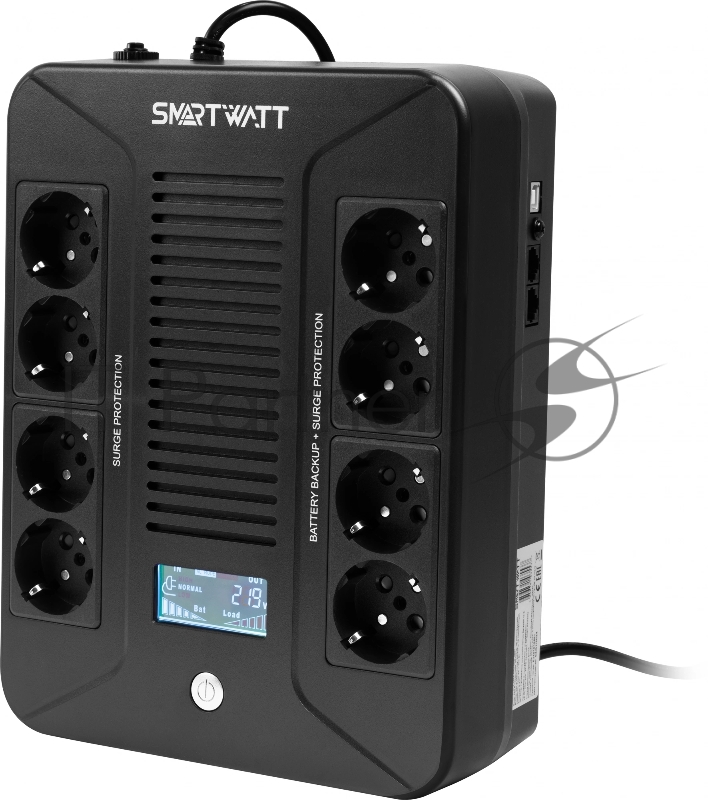 Источник бесперебойного питания SMARTWATT UPS SAFE PRO LCD 1000 черный 1000/600 ВА/Вт, напольный/настенный, линейно-интерактивный, LCD дисплей, Shuko CEE7/4 - 8 шт. (4 шт. с резервным питанием, 4 шт. - сетевой фильтр)
