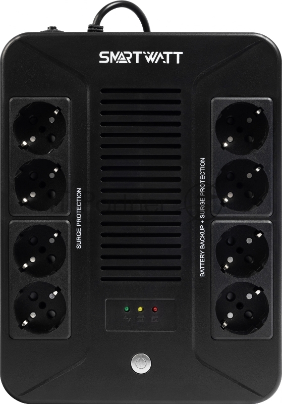 Источник бесперебойного питания SMARTWATT UPS SAFE PRO 1000 черный 1000/600 ВА/Вт, линейно-интерактивный, напольный/настенный, LED индикация, Shuko CEE7/4 - 8 шт. (4 шт. с резервным питанием, 4 шт. - сетевой фильтр)