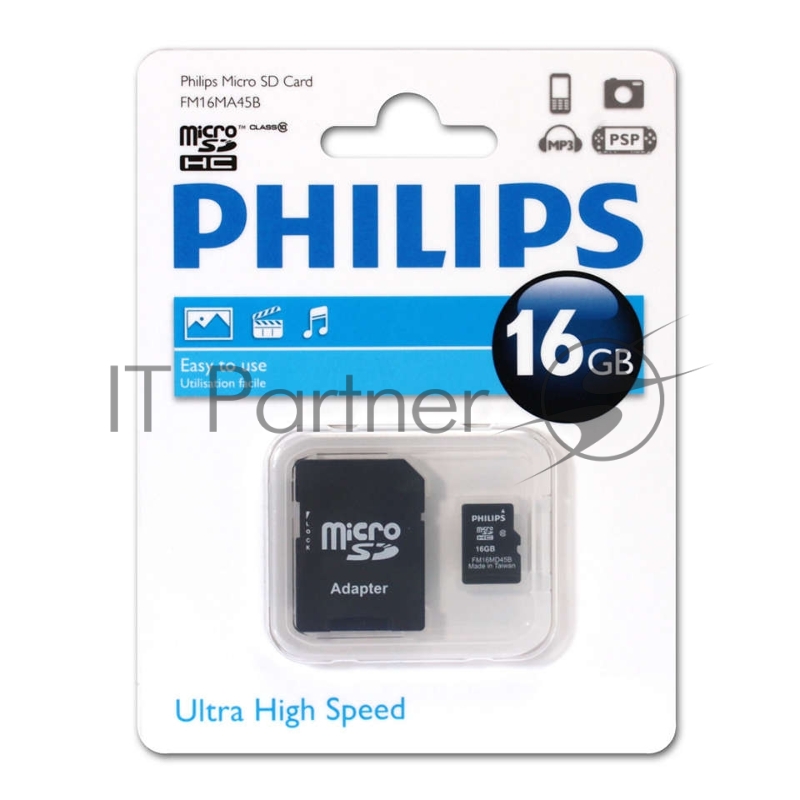Флеш карта microSD 16GB PHILIPS microSDHC Class 10 (SD адаптер)