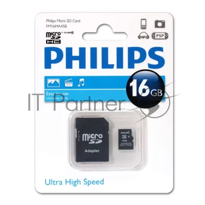 Флеш карта microSD 16GB PHILIPS microSDHC Class 10 (SD адаптер)