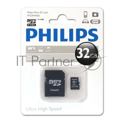 Флеш карта microSD 32GB PHILIPS microSDHC Class 10 (SD адаптер)