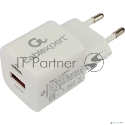 Сетевое зарядное устройство Cablexpert 20Вт, 3А, QC3.0/PD, 1xUSB, 1xType-C, белый, пакет