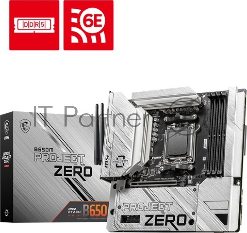 Материнская плата MSI B650M PROJECT ZERO, AM5, AMD B650, 4xDDR5, 4xSATA, 2xM.2, 1xPCIe 4.0 x16, 1xPCIe 3.0 x1, 1xDP, 1xHDMI, 1x2.5Gb LAN, 3x3.5 мм, 7.1, mATX