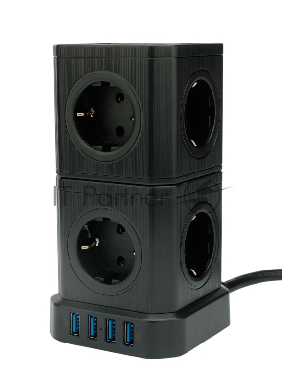 Сетевой фильтр Cablexpert Tower TWR-9-U4-B-2, 9 р, 16А, 4хUSB, 3.1А, 2 м, ур.защиты 4+, черный, коробка