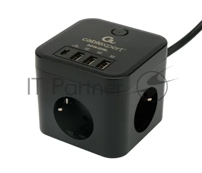 Сетевой фильтр Cablexpert Cube CUBE-3-CU3-B-1.5, 3 р, 10А, 1xType-C PD, 3xUSB, 1.5 м, ур.защиты 4+, черный, коробка