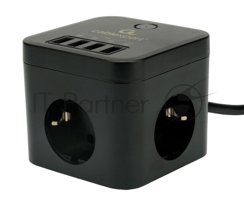 Сетевой фильтр Cablexpert Cube CUBE-3-U4-B-1.5, 3 р, 10А, 4хUSB, 1.5 м, ур.защиты 4+, черный, коробка