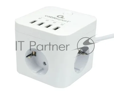 Сетевой фильтр Cablexpert Cube CUBE-3-U4-W-1.5, 3 р, 10А, 4хUSB, 1.5 м, ур.защиты 4+, белый, коробка