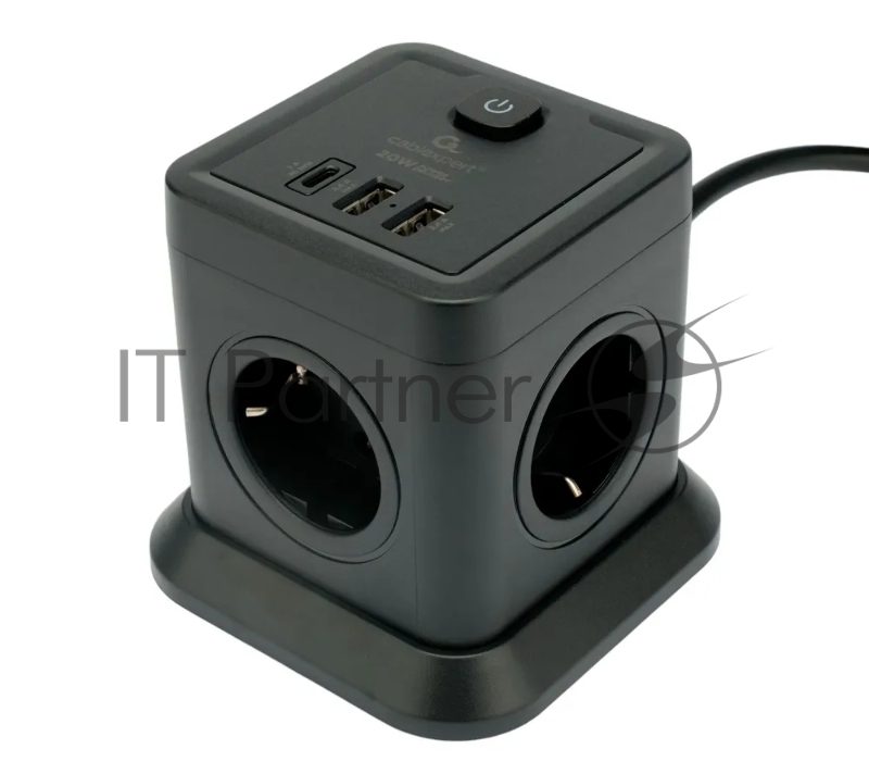 Сетевой фильтр Cablexpert Tower TWR-4-CU2-B-2, 4 р, 10А, 1xType-C PD, 20Вт, 2хUSB, 2 м, ур.защиты 2+, черный, коробка