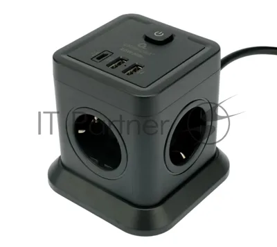 Сетевой фильтр Cablexpert Tower TWR-4-CU2-B-2, 4 р, 10А, 1xType-C PD, 20Вт, 2хUSB, 2 м, ур.защиты 2+, черный, коробка