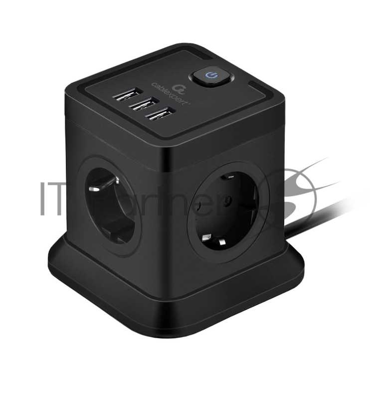 Сетевой фильтр Cablexpert Tower TWR-4-U3-B-2, 4 р, 10А, 3xUSB, 3.1А, 2 м, ур.защиты 2+, черный, коробка