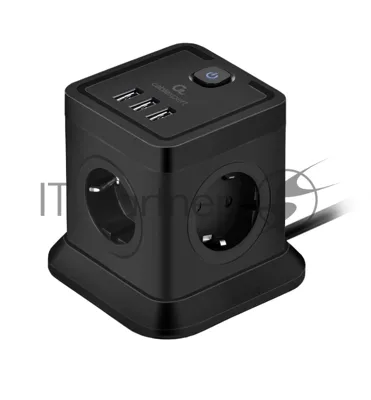 Сетевой фильтр Cablexpert Tower TWR-4-U3-B-2, 4 р, 10А, 3xUSB, 3.1А, 2 м, ур.защиты 2+, черный, коробка