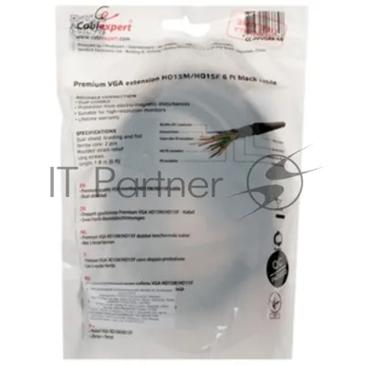 Кабель-удлинитель VGA Pro Cablexpert CC-PVGAX-1.8M, 15M/15F, 1.8м, экран, феррит. кольца, пакет