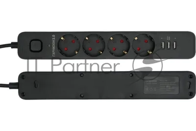 Сетевой фильтр Гарнизон 2.0 Мультипорт EPS-4-U3-B-2, 4 р, 10А, 3xUSB, 2 м, ур.защиты 2+, черный, пакет