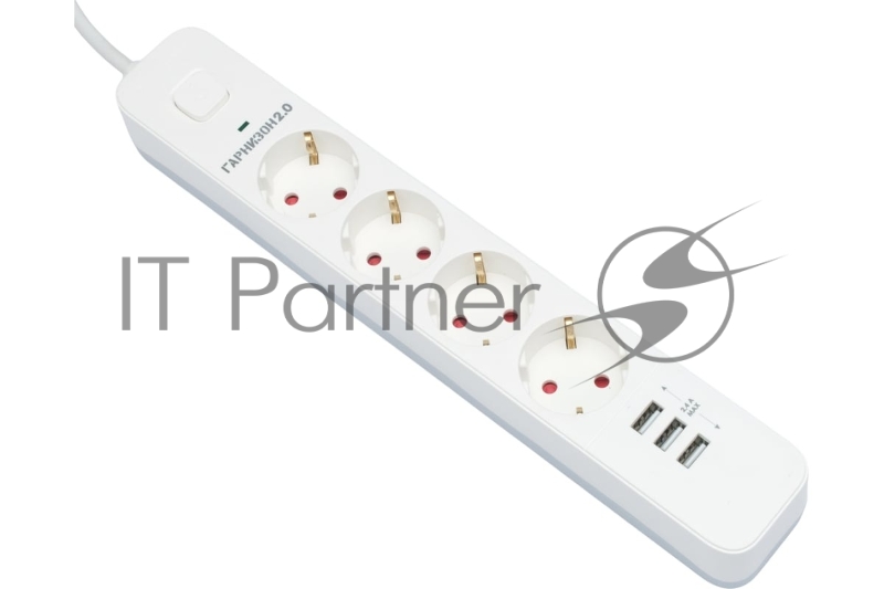 Сетевой фильтр Гарнизон 2.0 Мультипорт EPS-4-U3-W-2, 4 р, 10А, 3xUSB, 2 м, ур.защиты 2+, белый, пакет