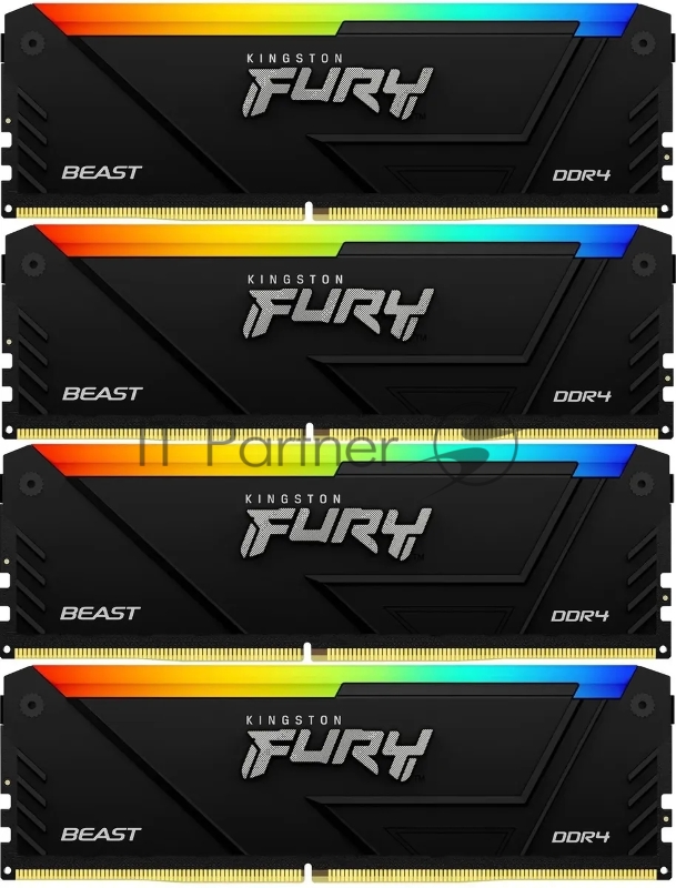 Оперативная память Kingston Fury Beast, DDR4, 32GB (4x8GB), 3200MHz, CL16, DIMM, с радиатором, RGB, черный