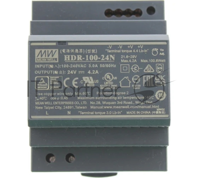 Блок питания AC-DC, 100.8Вт, вход 85...264 В AC 47...63Гц, 120...370В DC, выход 24В, 4.2А, рег. выхода 21.6...29В, изоляция 3000В AC, в кожухе на DIN-рейку, 70х90х54.5мм, -30...+70°С