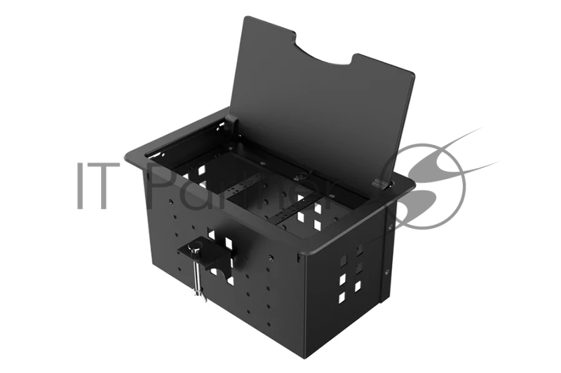 Прямоугольный металлический корпус Wize Pro WRTS-12BOX-B для модульной системы врезного лючка в стол с откидывающейся крышкой, до12 модулей-вставок, беспроводная зарядка 10Вт для моб.устройств на крышке, преустановленная рамка,черный